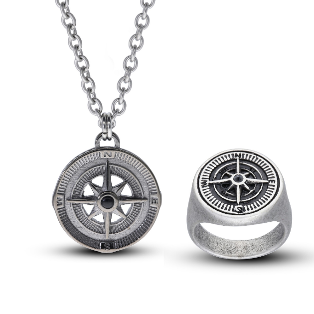 Picture of Steel Compass Pendant and Ring Set